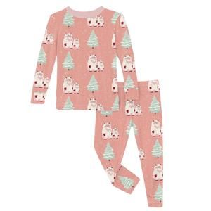 NEW KICKEE kids' print long sleeve pajama set in blush yeti